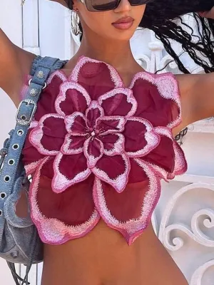 Floral Crop top Vest Ladies Fashion Sleeveless Backless Lace Flower Casual Party Streetwear Summer Y2K Festival