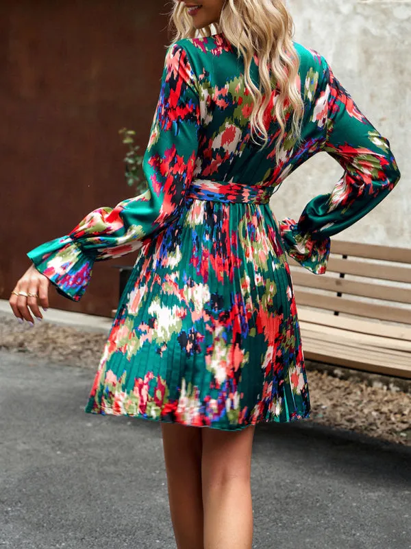 Floral Wrap Dress with Pleated Skirt and Self-Tie Waist