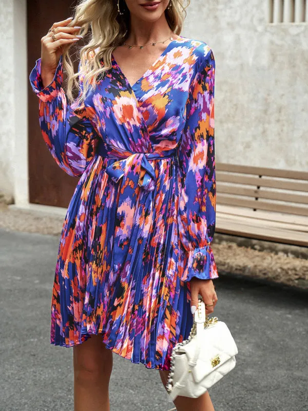 Floral Wrap Dress with Pleated Skirt and Self-Tie Waist