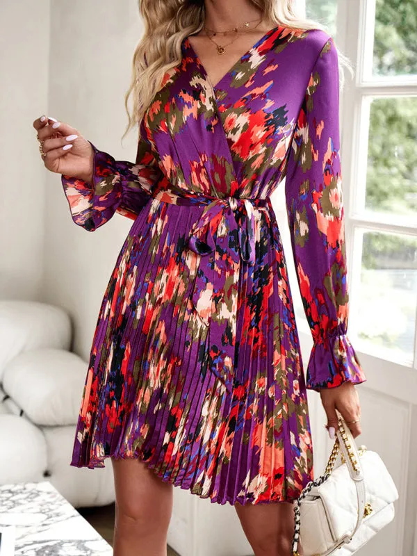 Floral Wrap Dress with Pleated Skirt and Self-Tie Waist