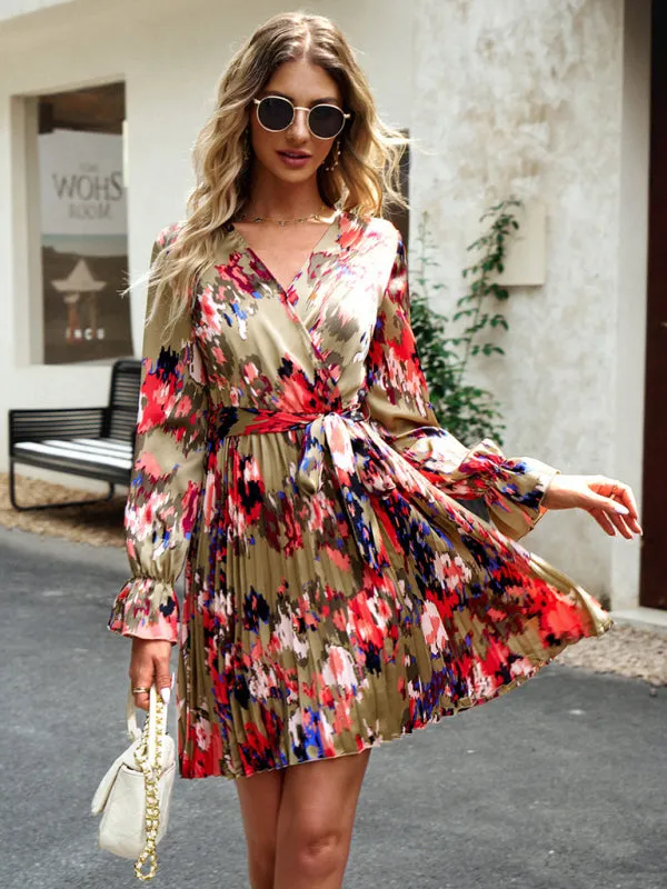 Floral Wrap Dress with Pleated Skirt and Self-Tie Waist