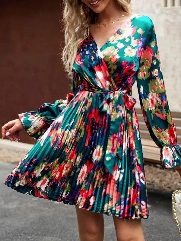 Floral Wrap Dress with Pleated Skirt and Self-Tie Waist