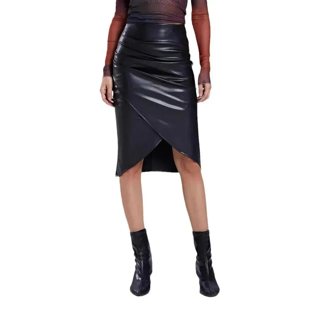 Front Split Leather Skirt Formal Office Work High Waist Sheath midi black Skirt