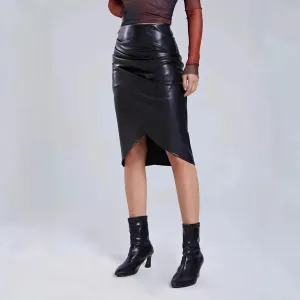 Front Split Leather Skirt Formal Office Work High Waist Sheath midi black Skirt
