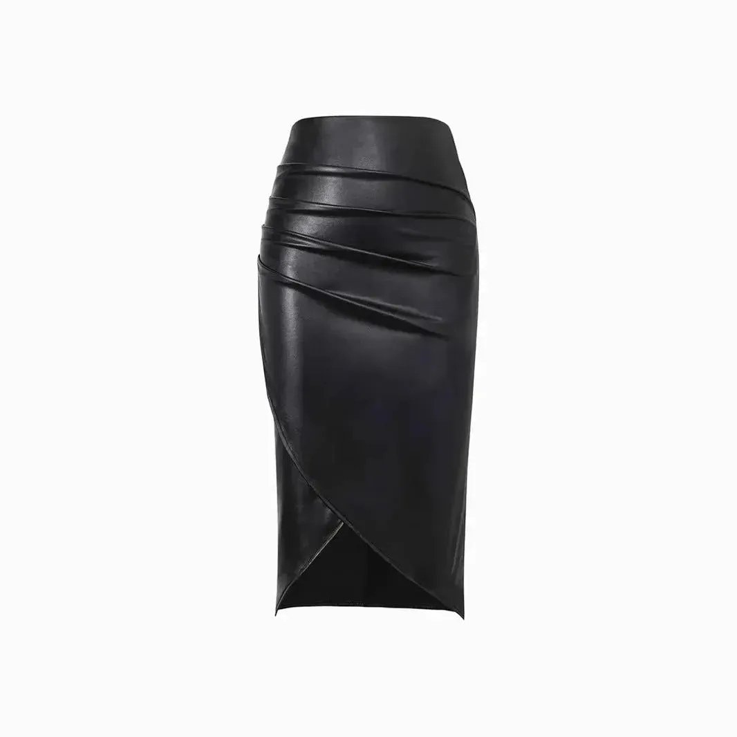 Front Split Leather Skirt Formal Office Work High Waist Sheath midi black Skirt