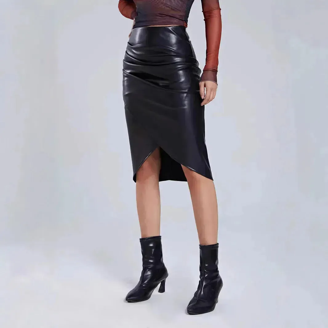 Front Split Leather Skirt Formal Office Work High Waist Sheath midi black Skirt