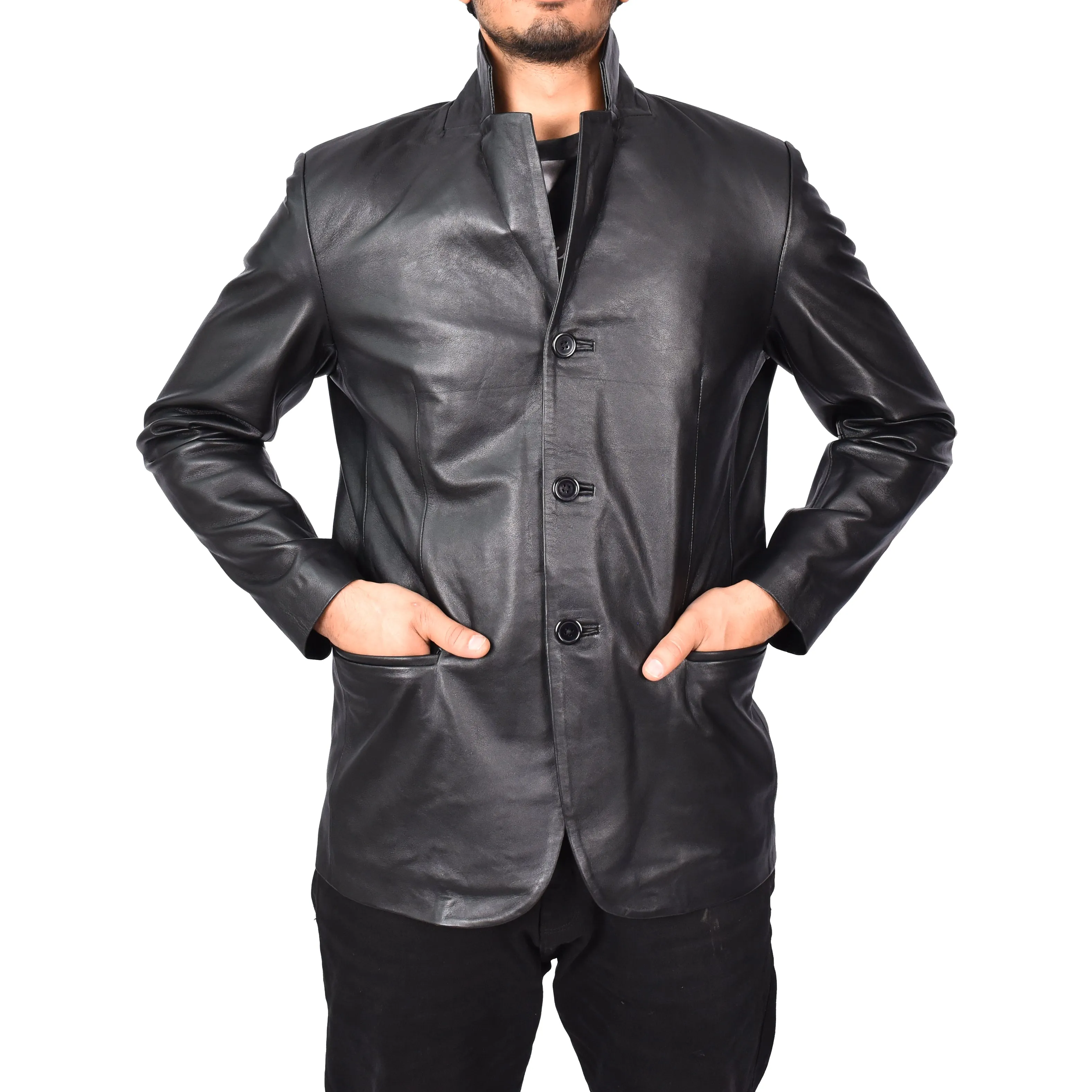 Gents Real Lambskin Leather Jacket Men's Blazer Coat Black Gjorn