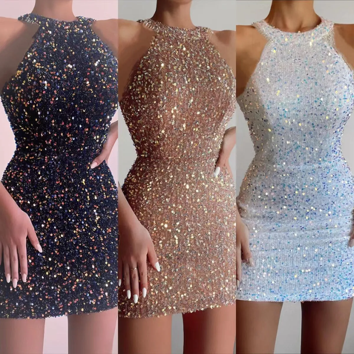 Halter Neck Sexy Crystal Tassel Hip Sequined Dress Mid-Waist Evening Dress Wholesale Womens Dress N3824112000006