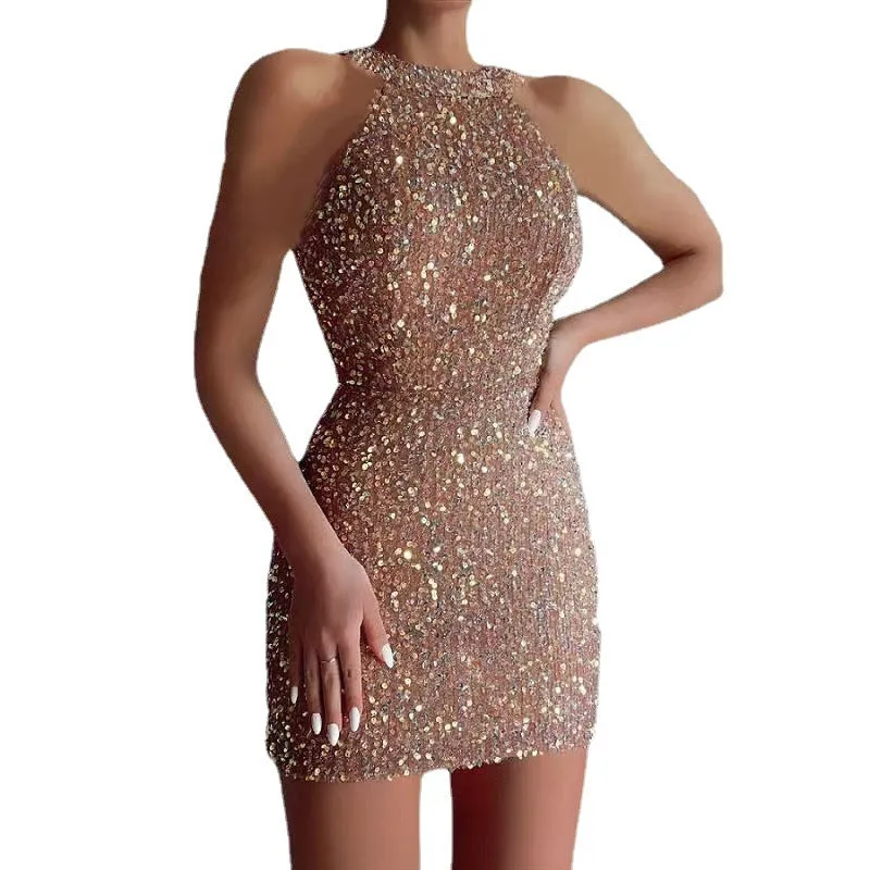 Halter Neck Sexy Crystal Tassel Hip Sequined Dress Mid-Waist Evening Dress Wholesale Womens Dress N3824112000006