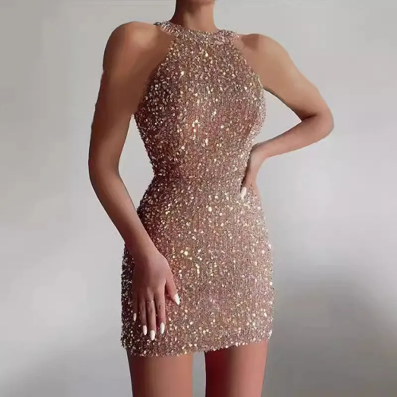 Halter Neck Sexy Crystal Tassel Hip Sequined Dress Mid-Waist Evening Dress Wholesale Womens Dress N3824112000006