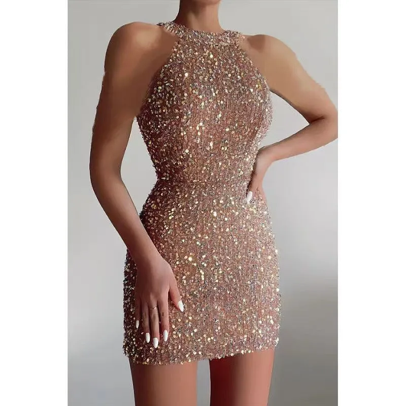 Halter Neck Sexy Crystal Tassel Hip Sequined Dress Mid-Waist Evening Dress Wholesale Womens Dress N3824112000006