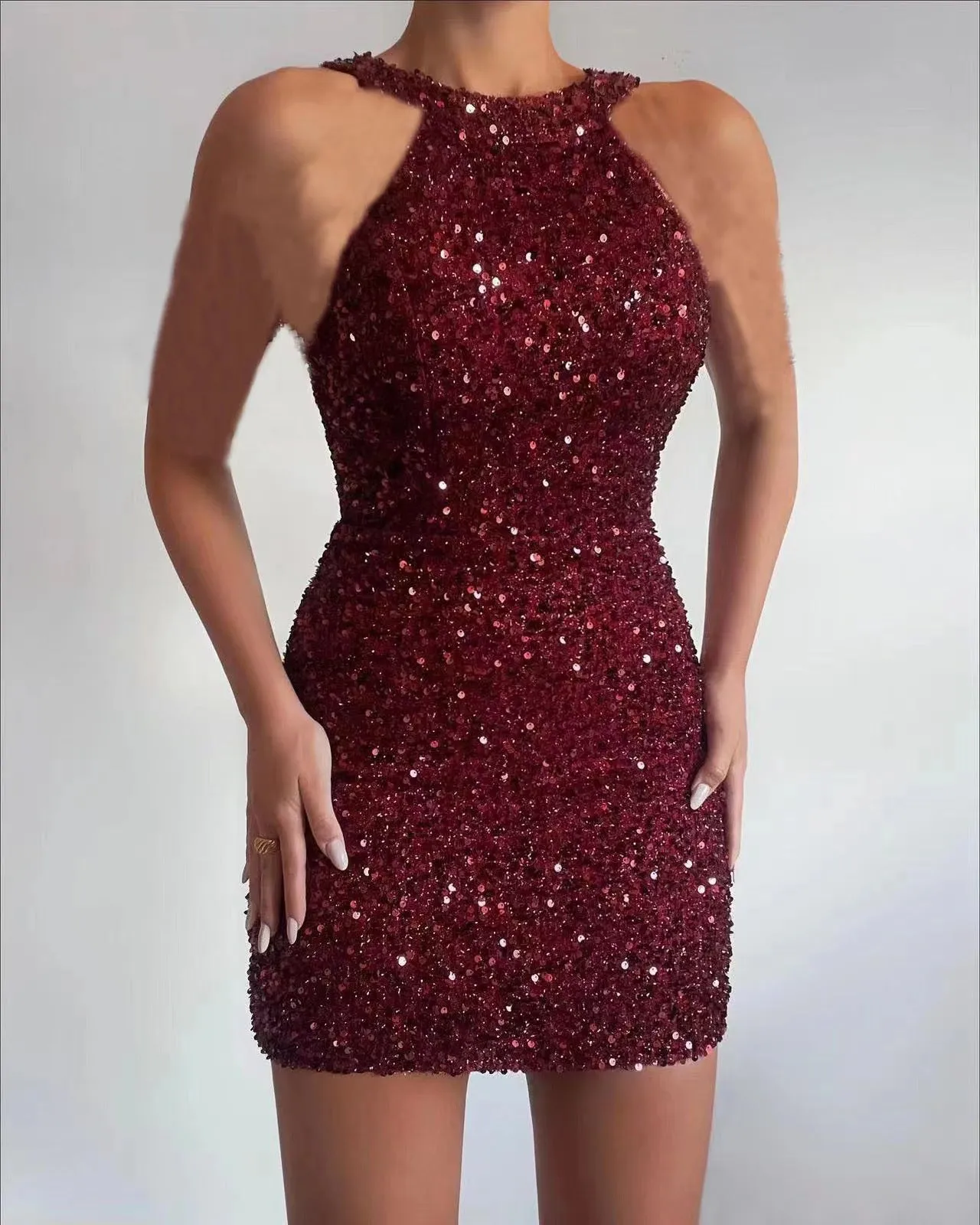 Halter Neck Sexy Crystal Tassel Hip Sequined Dress Mid-Waist Evening Dress Wholesale Womens Dress N3824112000006