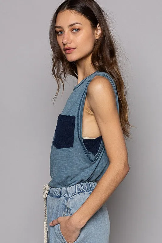 Hazel Blues® |  Round Neck Sleeveless Pocket Front Solid Top in Denim