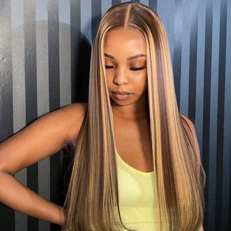 Honey Blonde with Piano Highlights Colored Straight 13x4 Lace Front Human Hair Wig