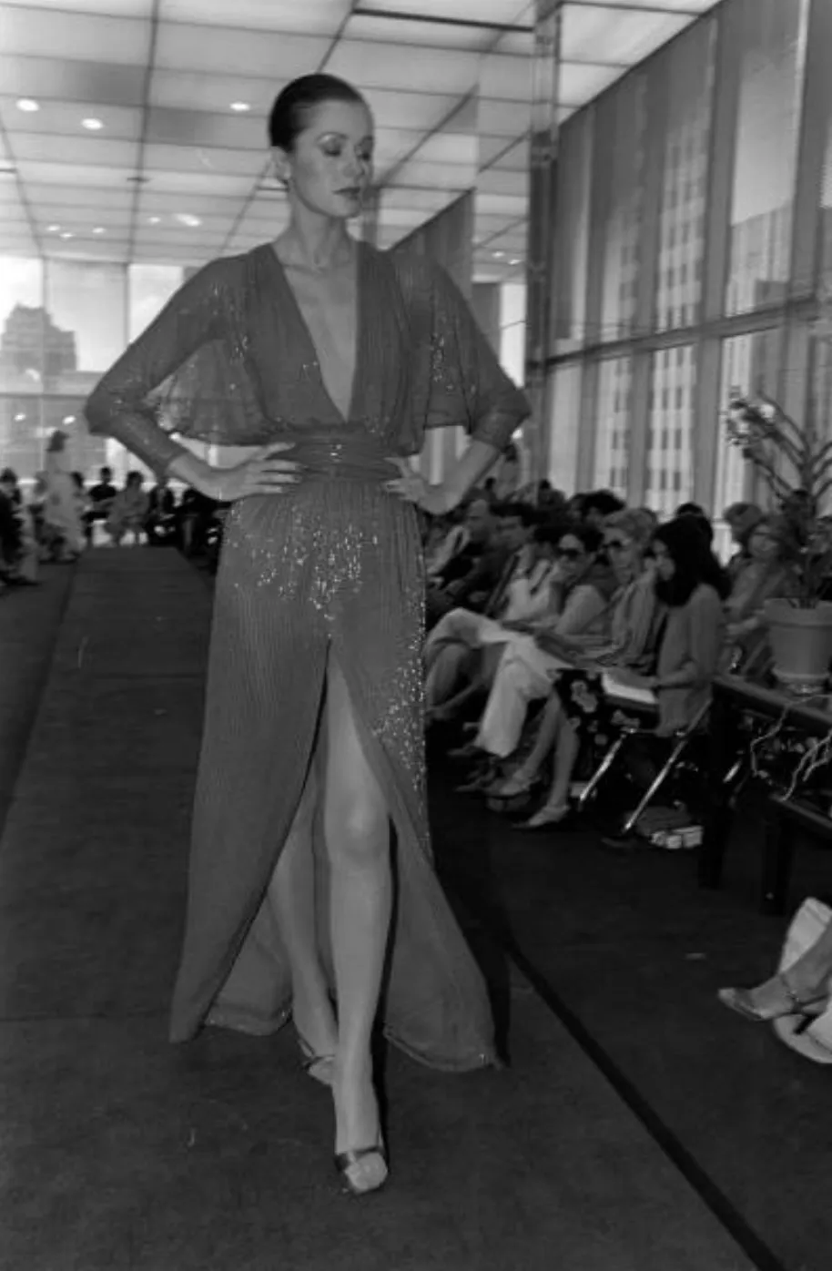 Iconic Resort 1980 Runway Fully Hand Beaded on Red Silk Chiffon Halston w Plunge Front