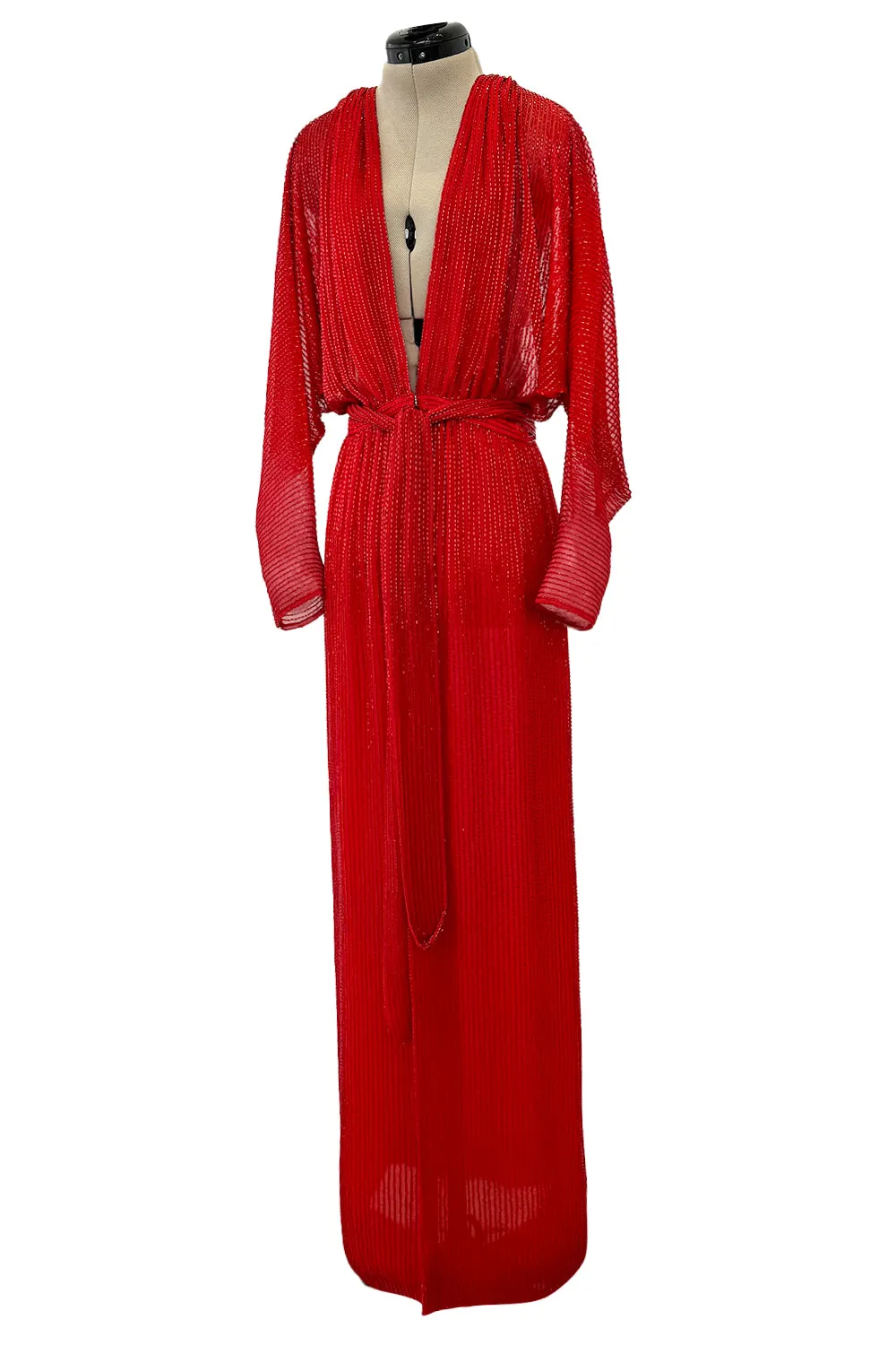 Iconic Resort 1980 Runway Fully Hand Beaded on Red Silk Chiffon Halston w Plunge Front