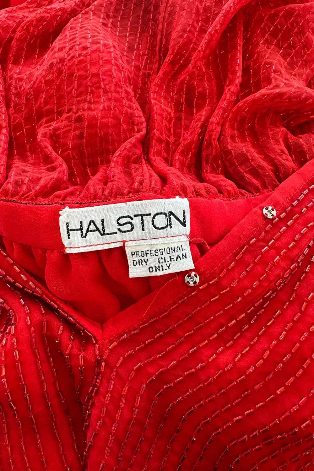 Iconic Resort 1980 Runway Fully Hand Beaded on Red Silk Chiffon Halston w Plunge Front