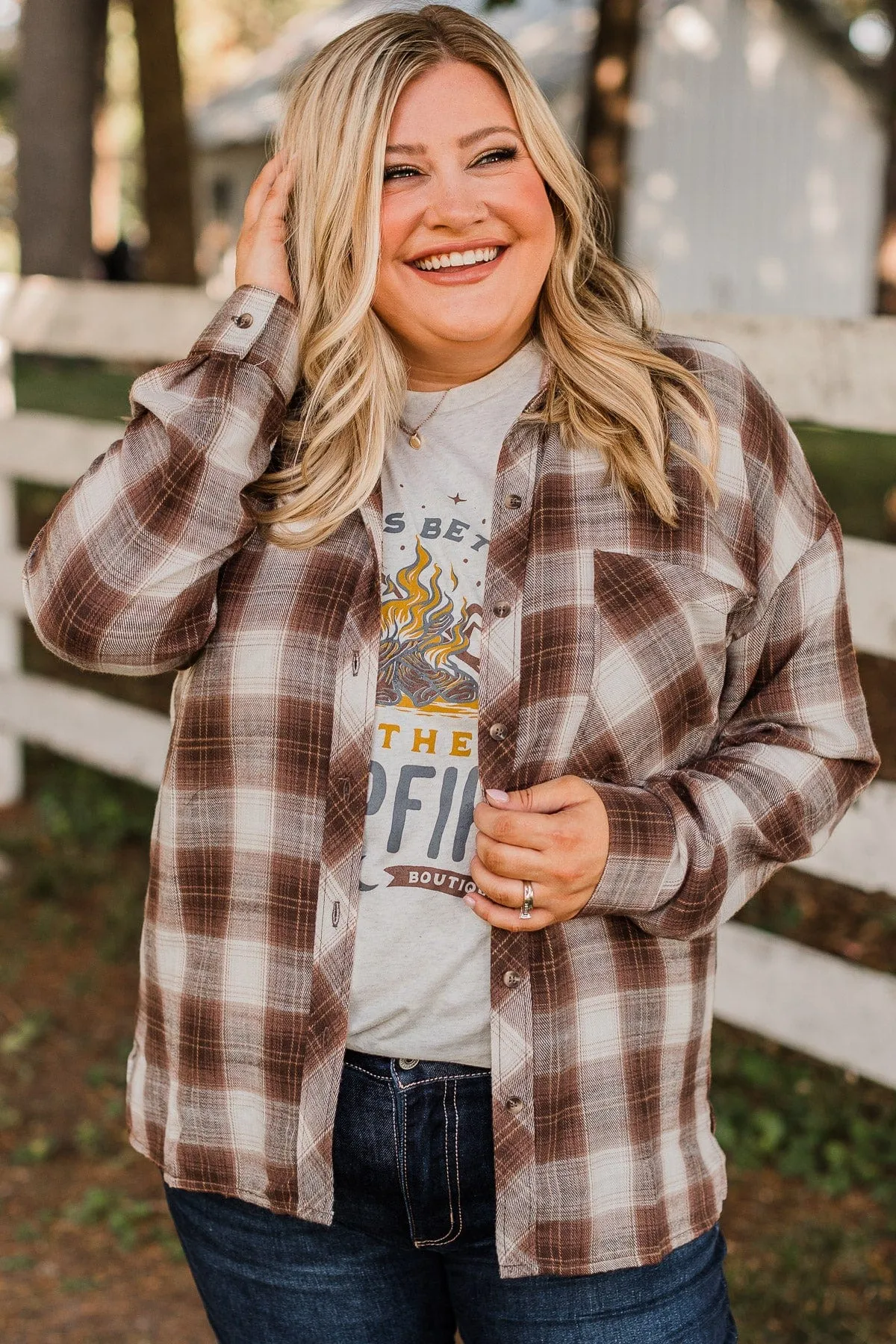 In Your Dreams Plaid Button Top- Chestnut