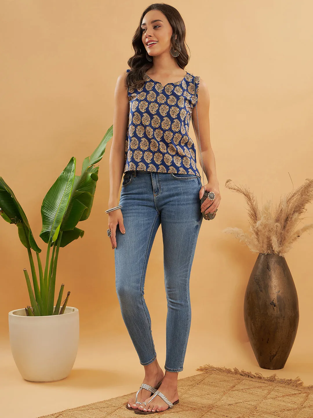Ink Blue Small Paisley Kalamkari W/U Top