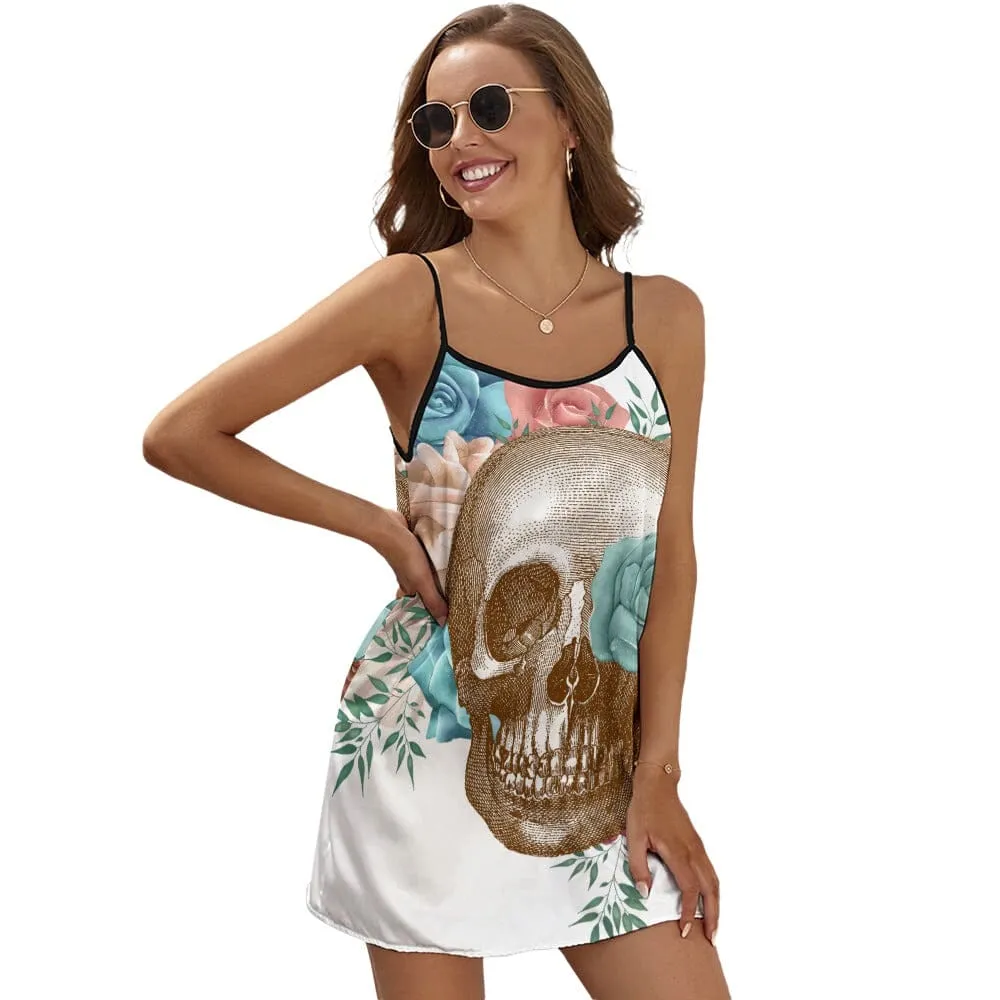 Ladies Skull Blue Floral V-Neck Slip Dress