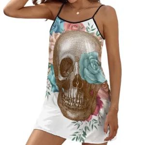 Ladies Skull Blue Floral V-Neck Slip Dress