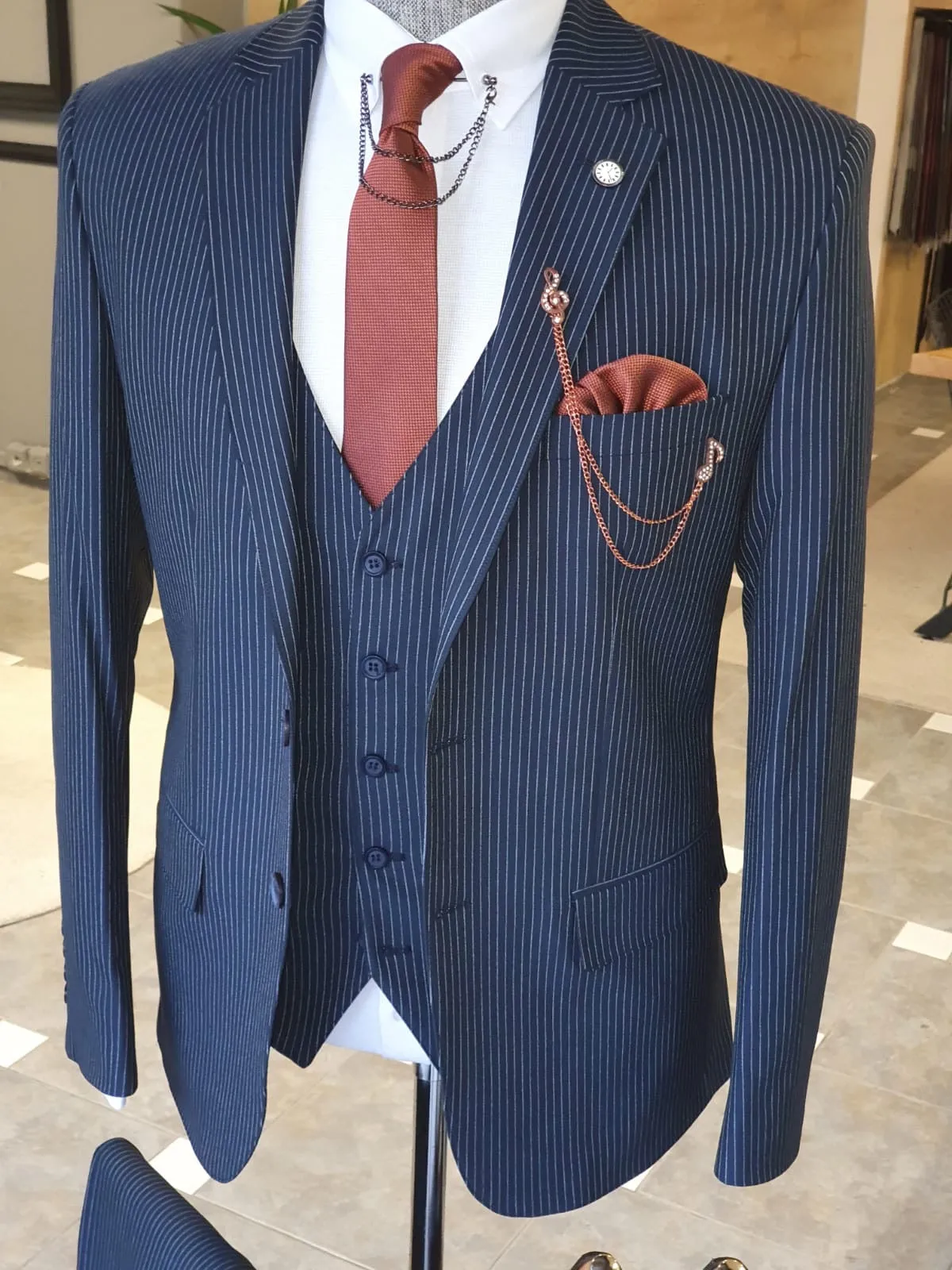 Napoli Navy Blue Slim Fit Pinstripe Suit - Elegant Three-Piece Set
