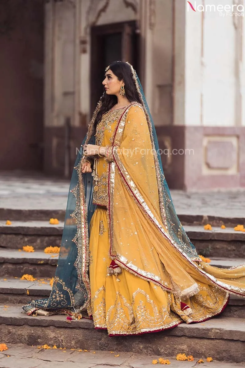 Pakistani Bridal Mehndi Gharara in Yellow Color #BN1011