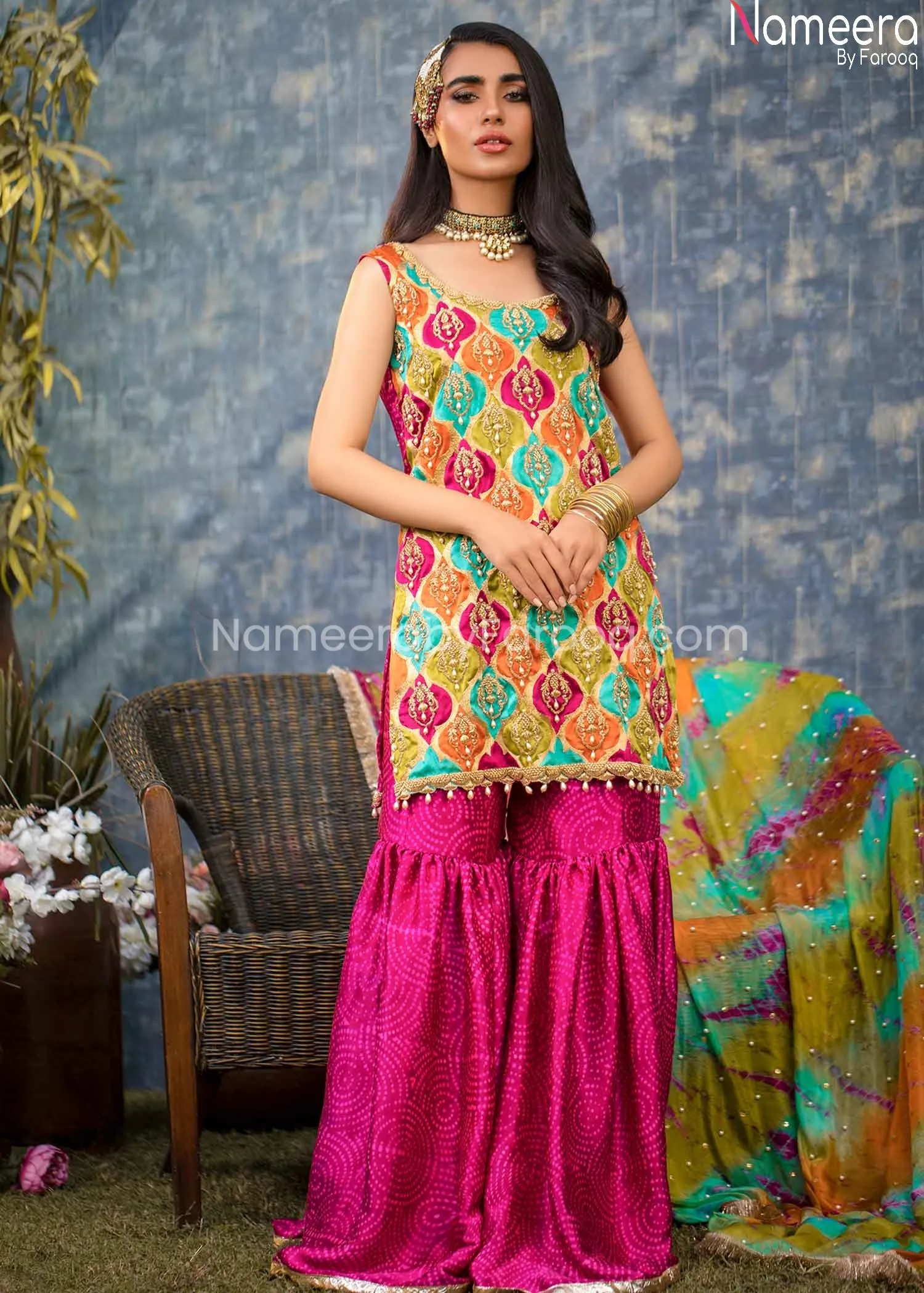 Pakistani Bridal Mehndi Gharara with Short Kurti #BB236