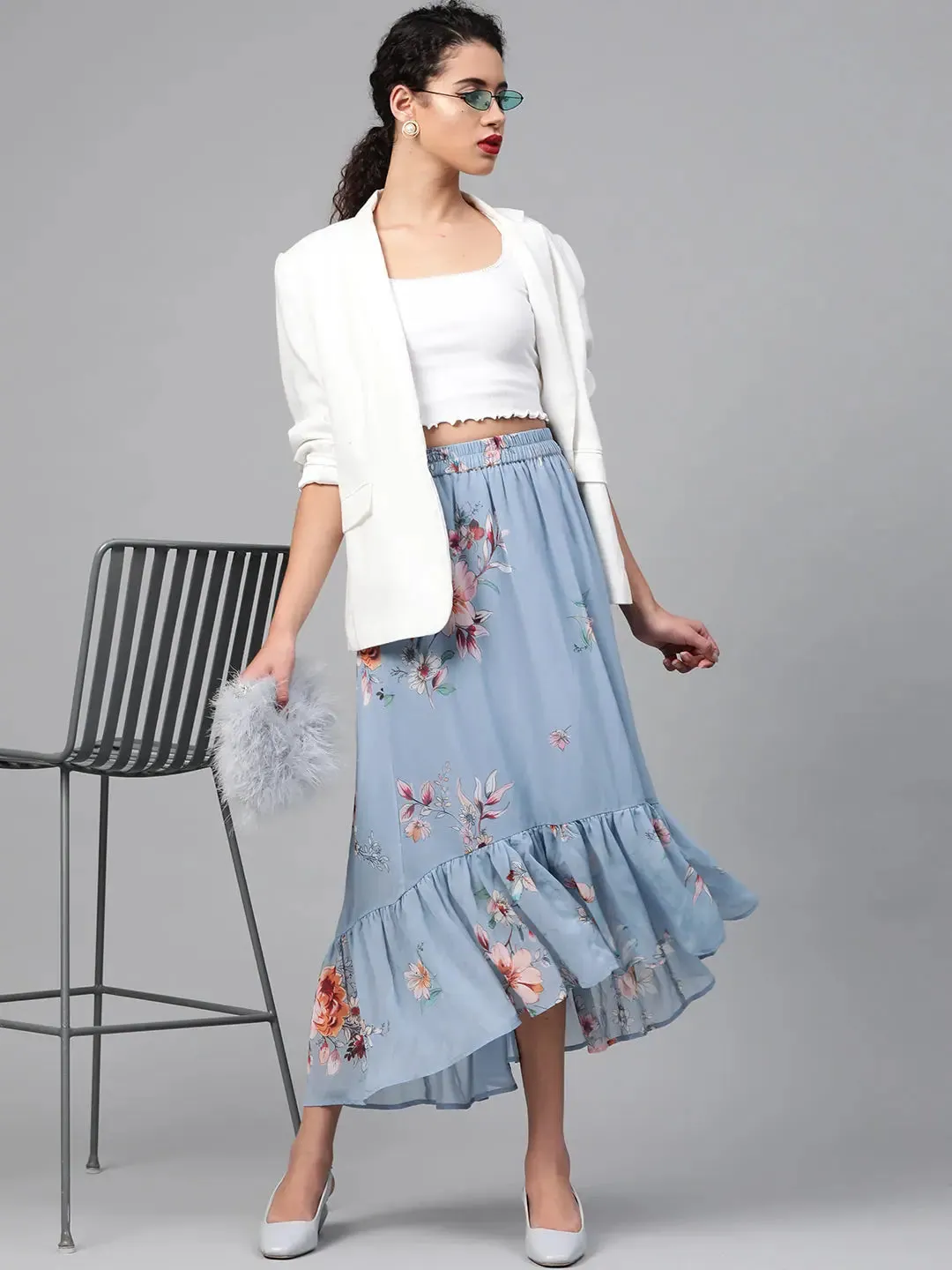 Pale Blue Floral Tiered High Low Skirt
