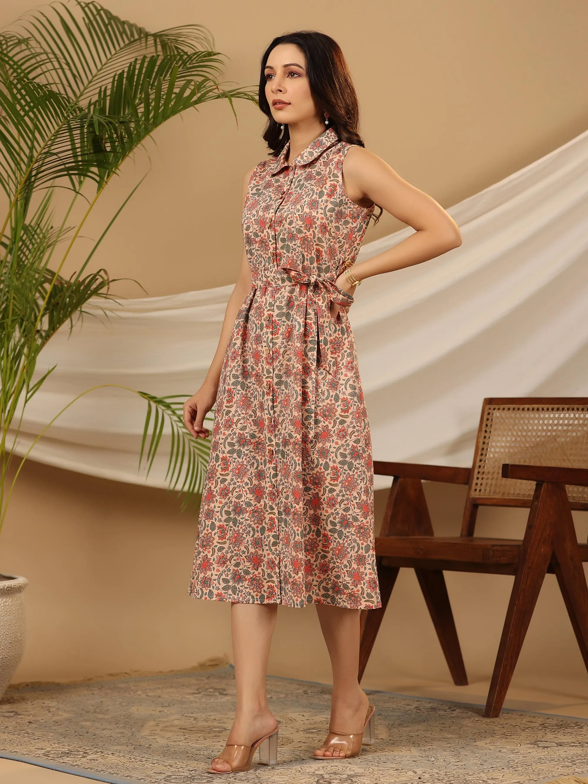 Peach Floral Printed Pure Cotton A-line Dress-S4381PEACH