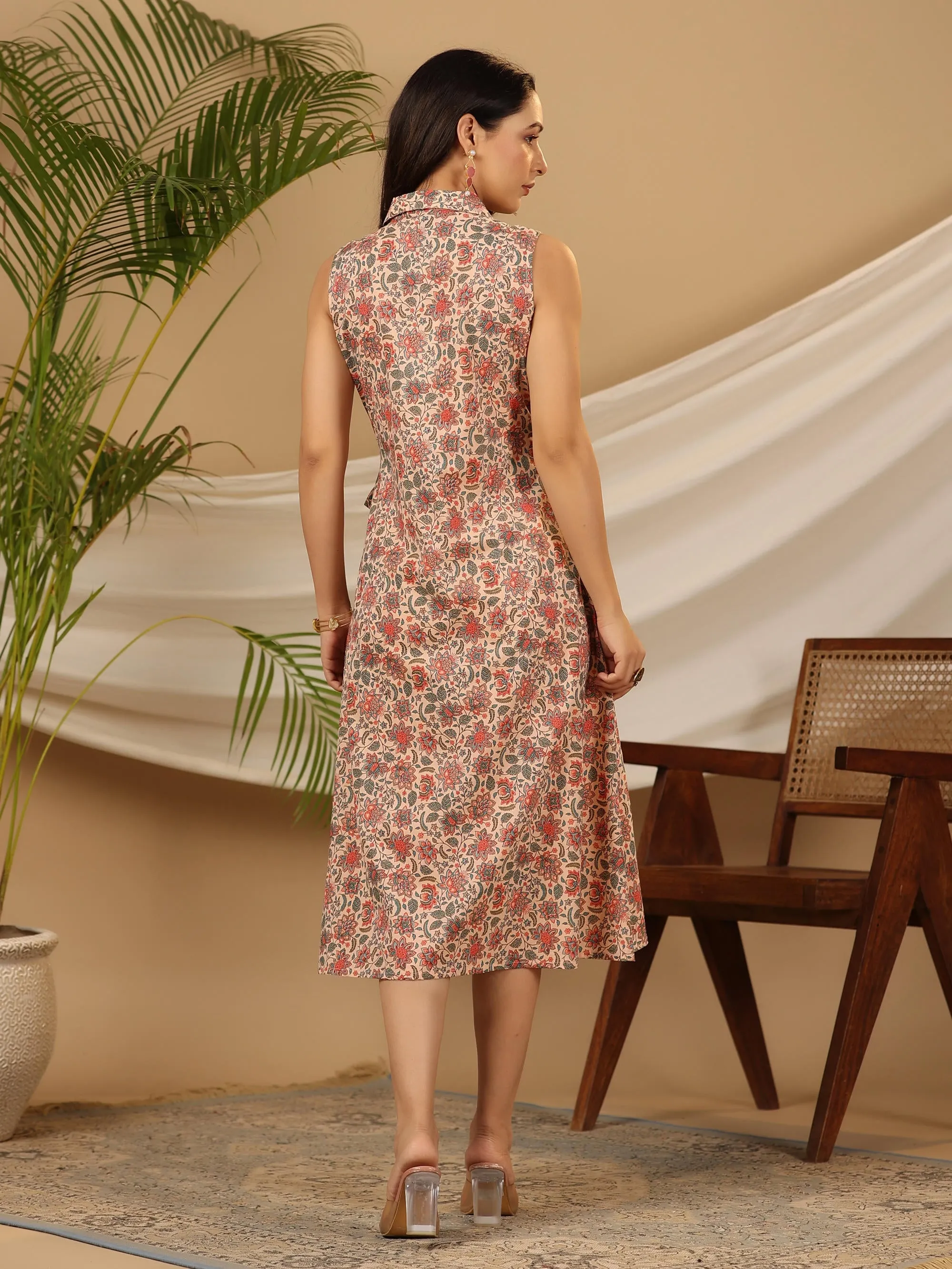 Peach Floral Printed Pure Cotton A-line Dress-S4381PEACH