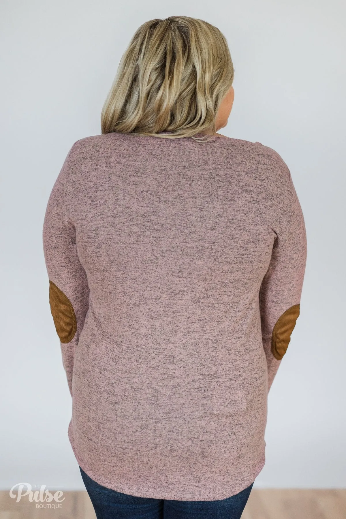 Perfect Pair Button & Elbow Patch Top- Heathered Mauve