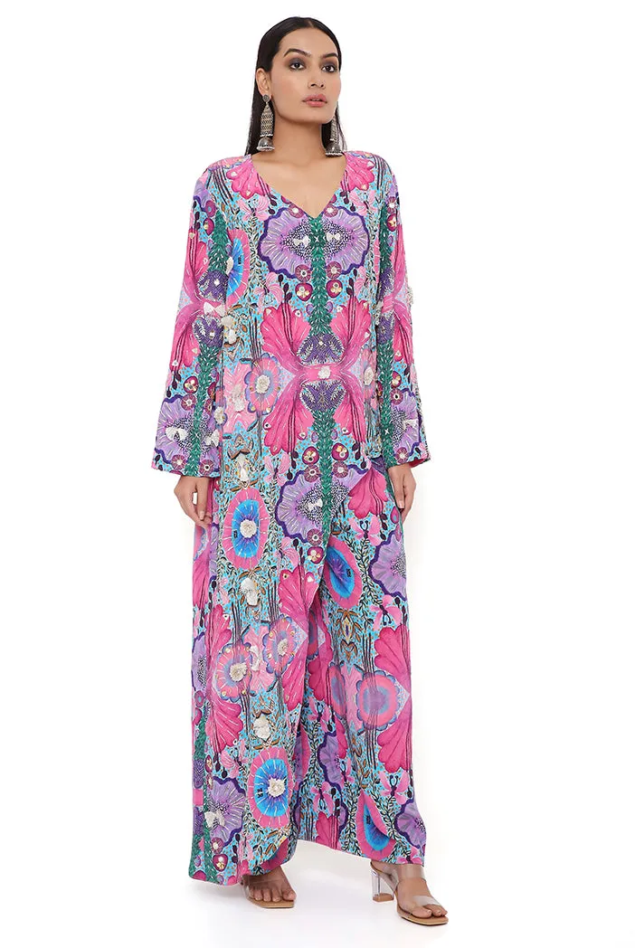 PINK ENCHANTED PRINT CREPE EMBROIDERED KURTA WITH CROPPED PALAZZO
