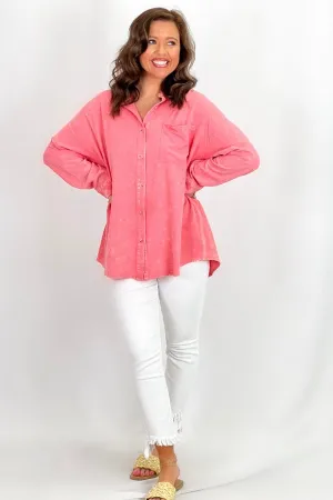 Pink Washed Button Down Long Sleeve Top