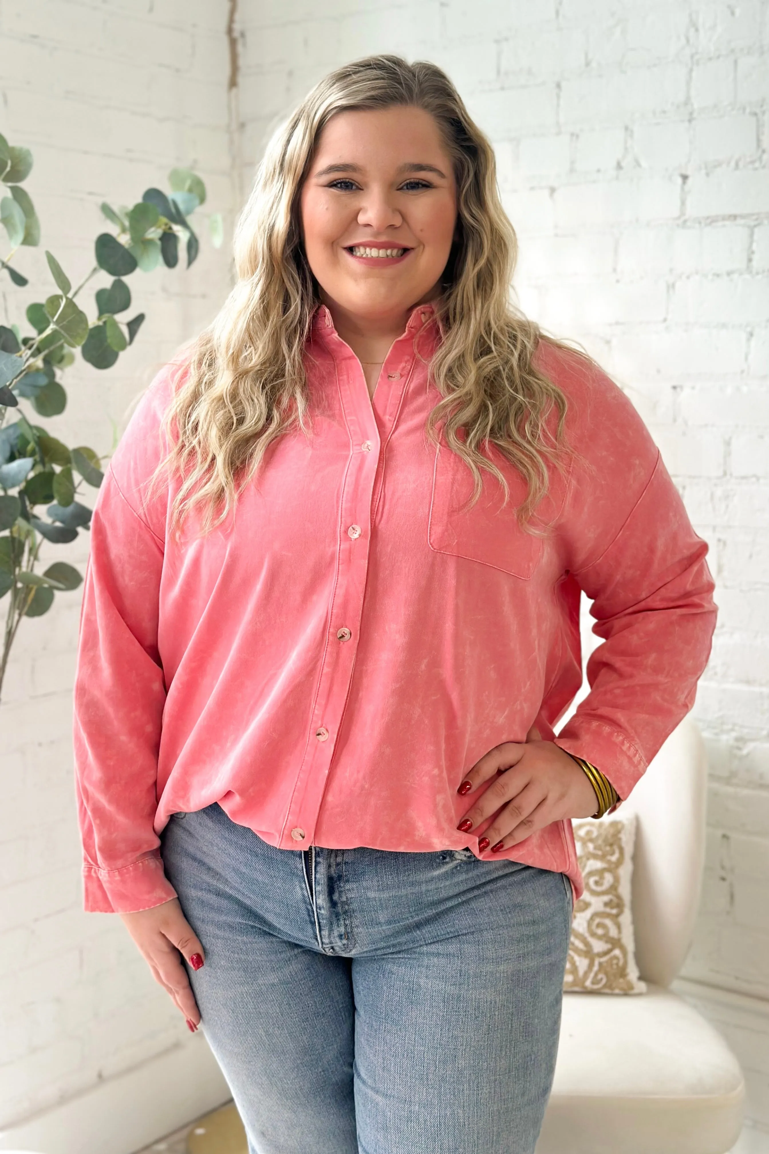 Pink Washed Button Down Long Sleeve Top