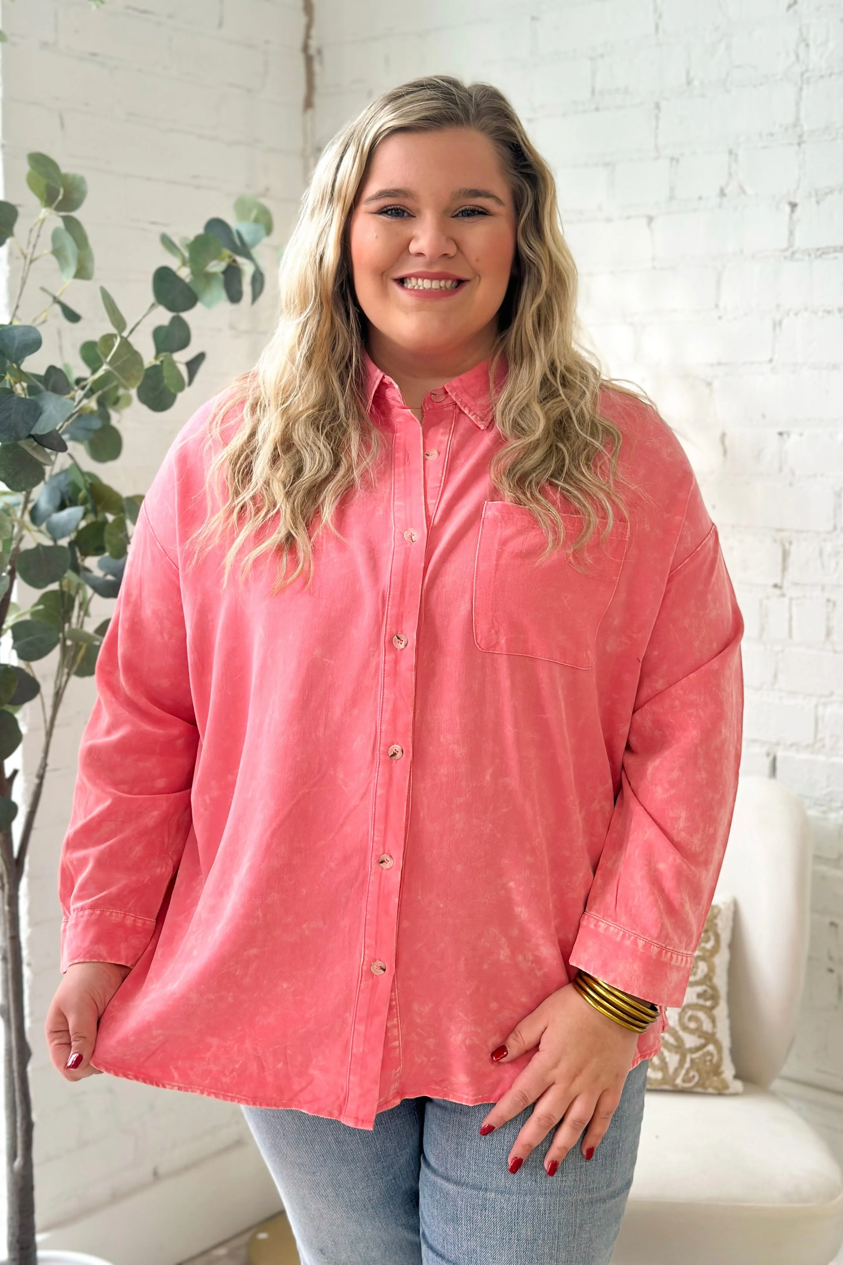 Pink Washed Button Down Long Sleeve Top