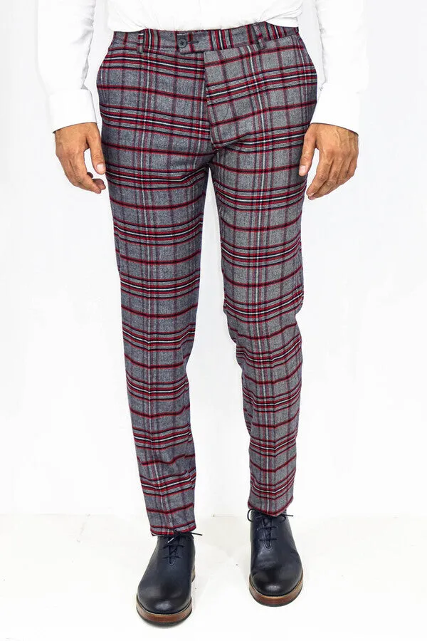 Plaid Slim Fit Navy Blue Men Pants - Wessi