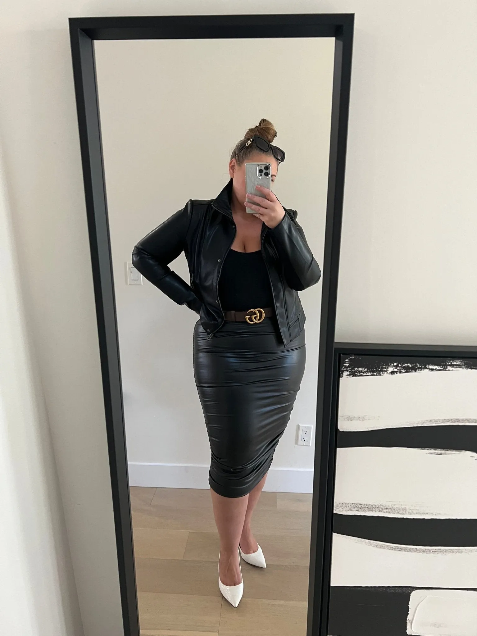Pleather Ruched Midi Skirt