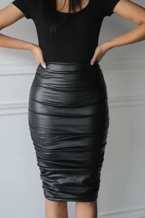 Pleather Ruched Midi Skirt
