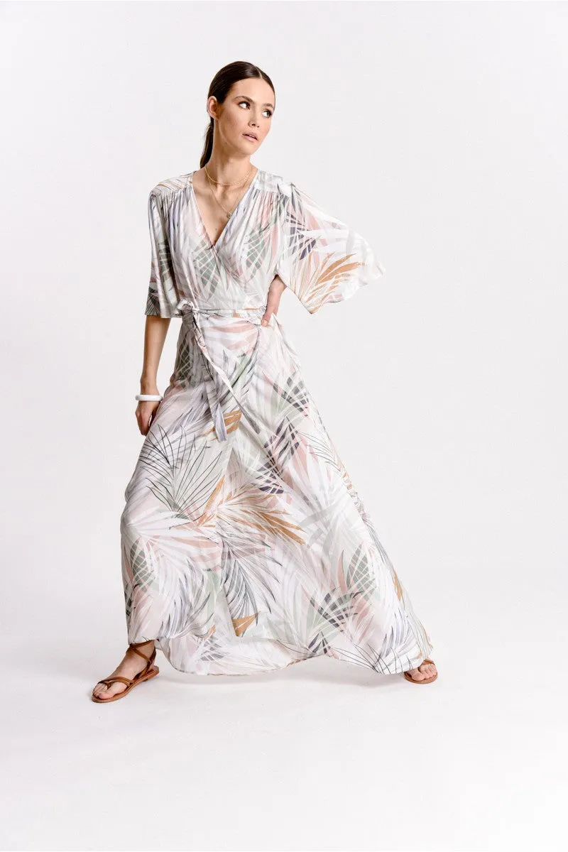 Printed Sunset Palm Wrap Dress