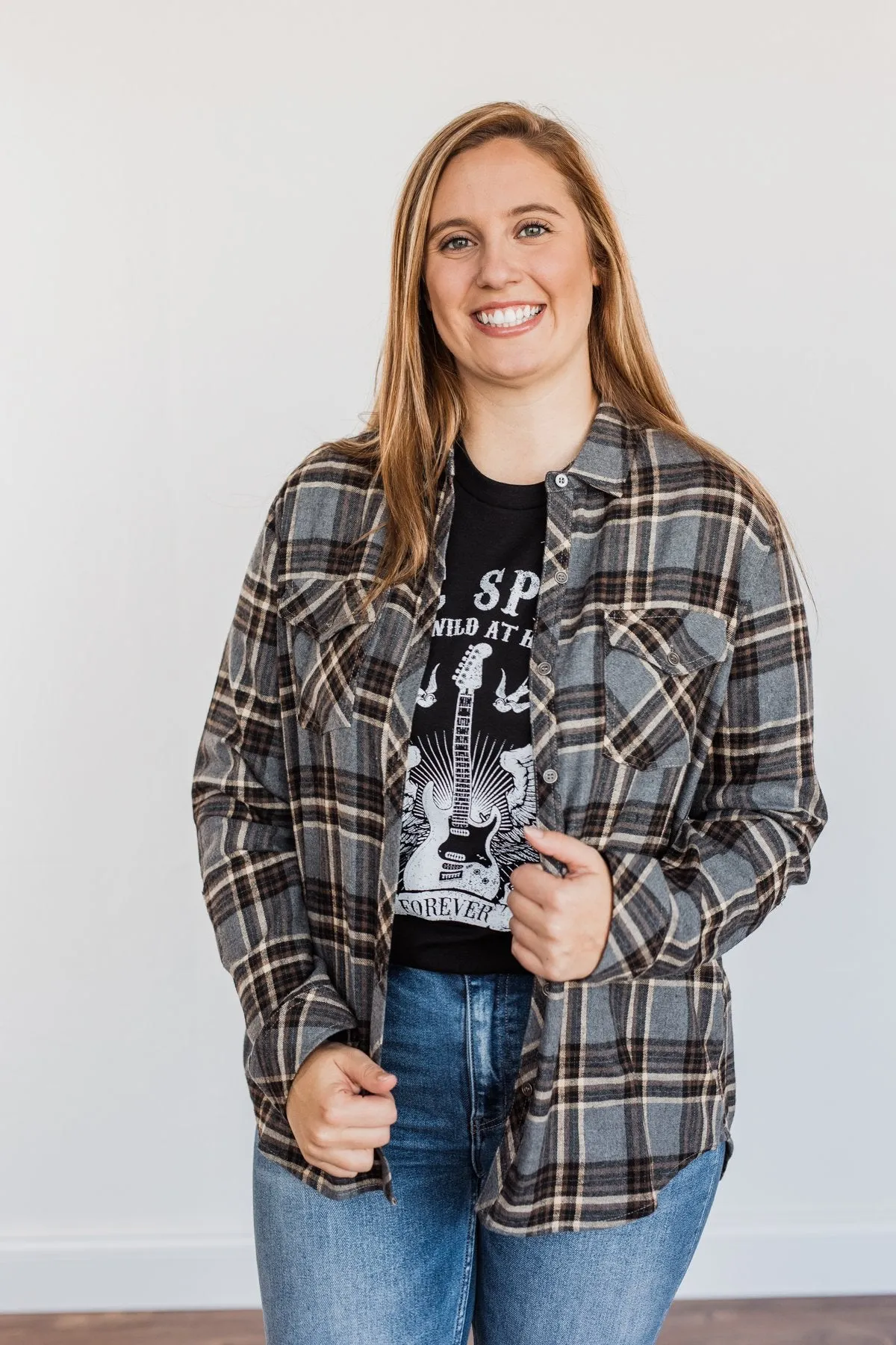 Pumpkin Farm Button Down Flannel- Charcoal, Tan, & Black