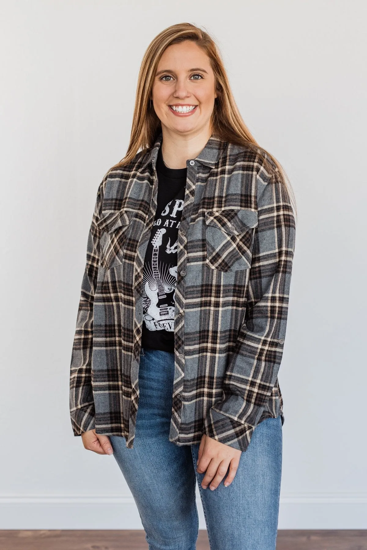 Pumpkin Farm Button Down Flannel- Charcoal, Tan, & Black