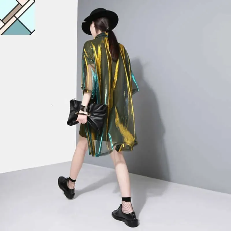 Reece Sheer Shimmer Shirt Dress - Gold Green by Marigold Shadows