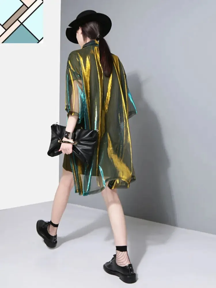 Reece Sheer Shimmer Shirt Dress - Gold Green by Marigold Shadows