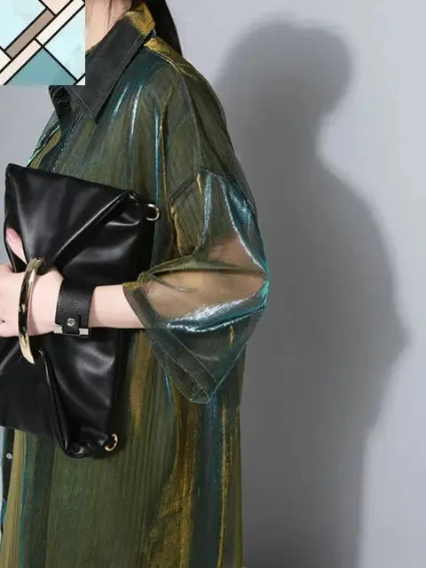Reece Sheer Shimmer Shirt Dress - Gold Green by Marigold Shadows
