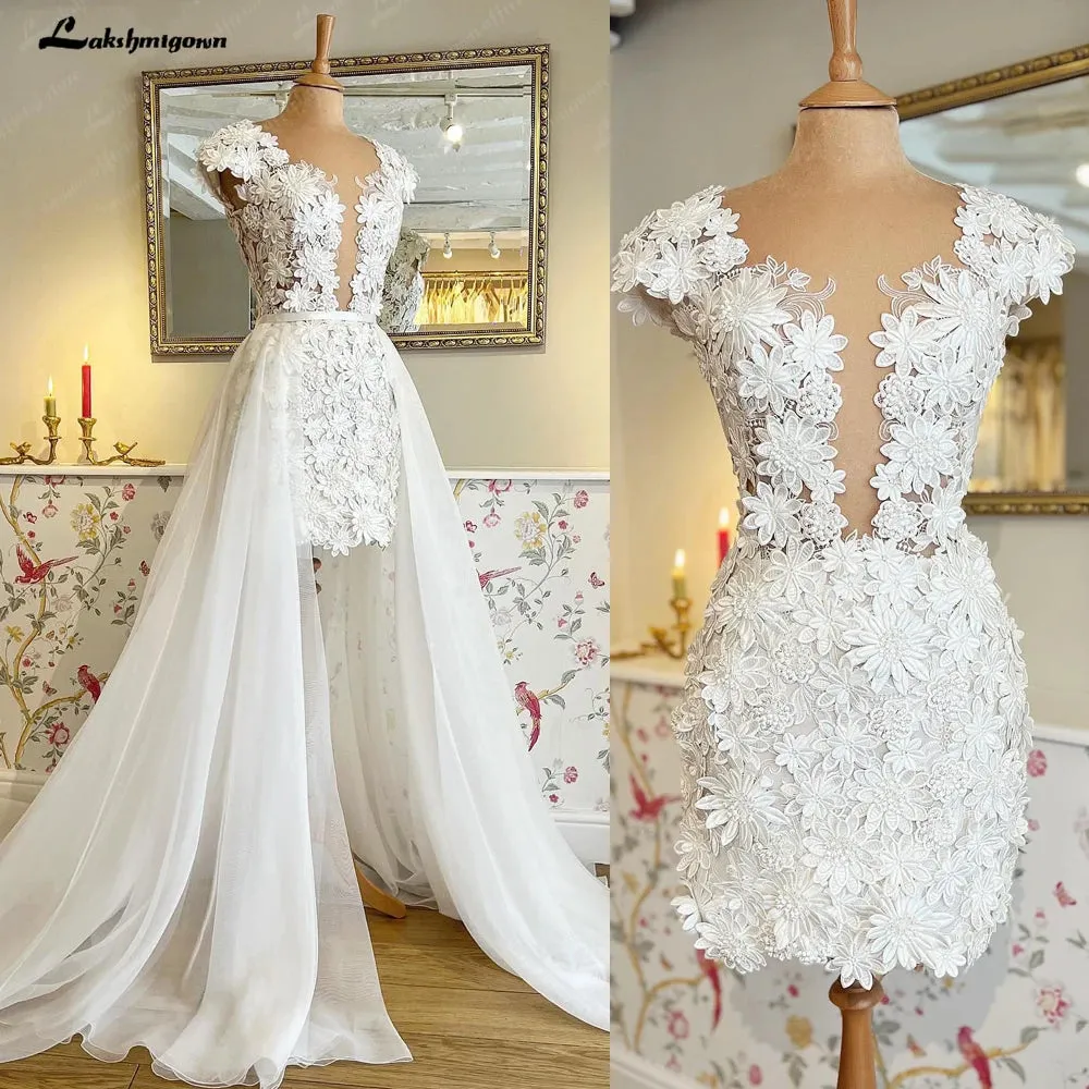 Roycebridal Elegant Ivory Short Wedding Dresses with Wedding Overskirt Detachable Train Tulle Bridal Skirt vestido de casamento