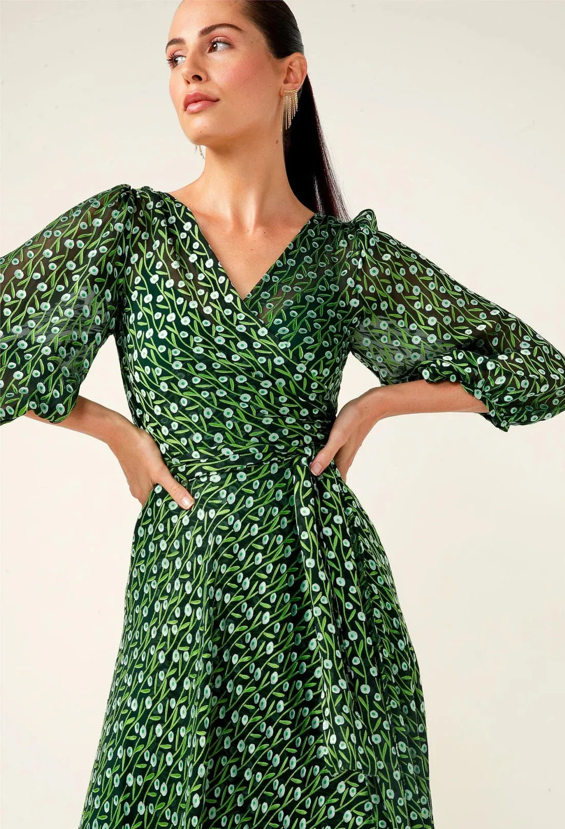 Sacha Drake - Wonderland Midi Wrap Dress - Emerald Poppy