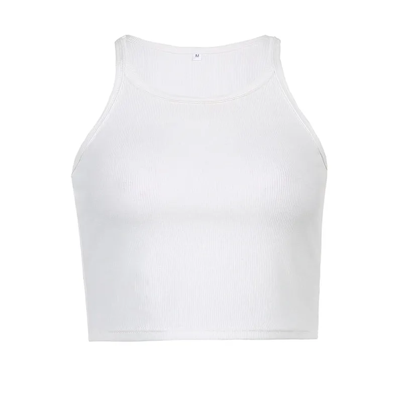 Scoop Neck Rib Knit Crop Tank Top - White