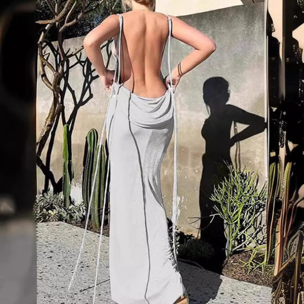 Sexy Lace-up Solid Color Dress Tube Top Halter Neck Open Back Maxi Dresses Wholesale Womens Clothing N3824052000011