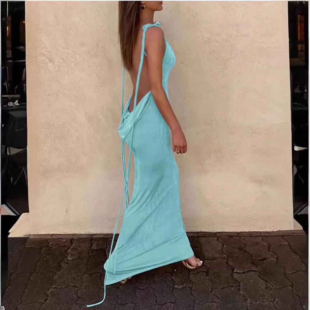 Sexy Lace-up Solid Color Dress Tube Top Halter Neck Open Back Maxi Dresses Wholesale Womens Clothing N3824052000011